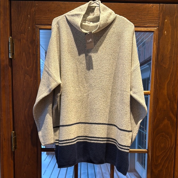 J. Jill Cream and Blue Cowl Neck Sweater with Stripes - Picture 1 of 4